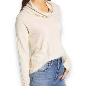 Bp Ivory/Cream Long Sleeve Ribbed Lightweight Cowlneck Turtleneck Sweater